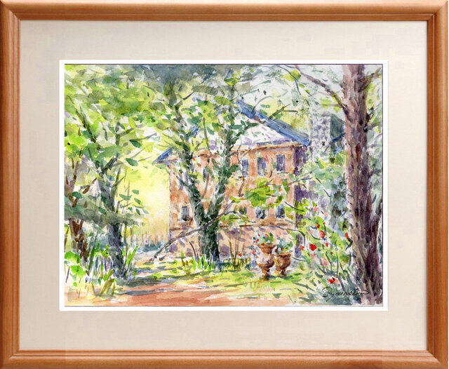 額装　アネモネぱすてる　水彩画　原画 コスモス01」透明水彩画 原画 風景画 額縁付 ハガキサイズ 絵画