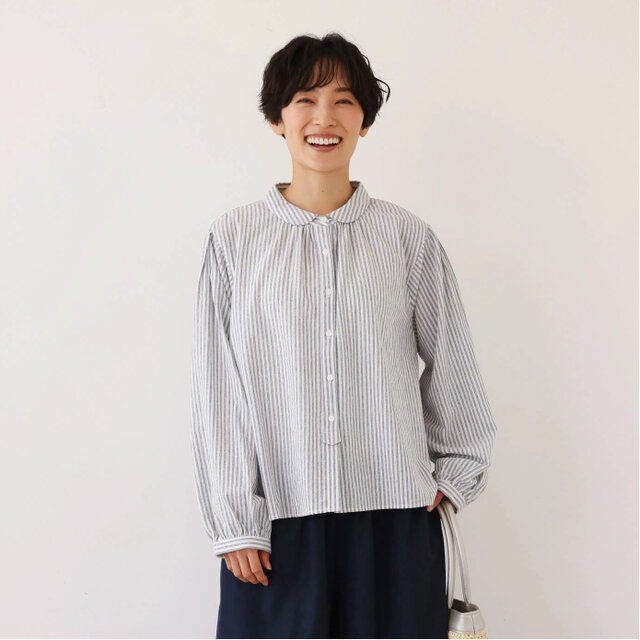 大人可愛い！ヴィンテージモードなストライプコットンリネンシャツ　グレー　250906-2