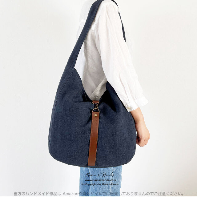 《大人 かっこいい》サステナブルな暮らし 自然派 リネン ネイビー 紺色 革 A4 ショルダー バック 大