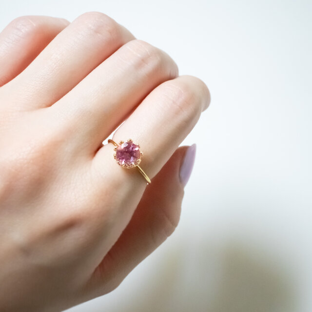 宝石質ピンクトパーズ 天然石のクラウンリング【フリーサイズ】18KGP