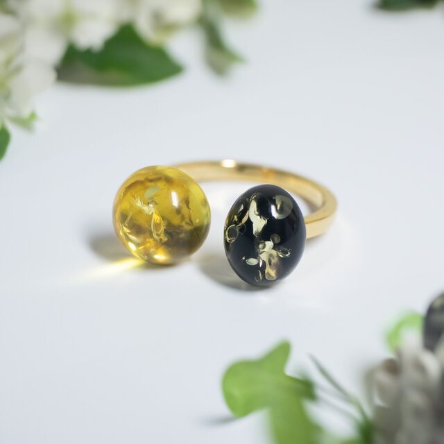 イエロー×ブラック 琥珀 天然石のフォークリング【フリーサイズ】