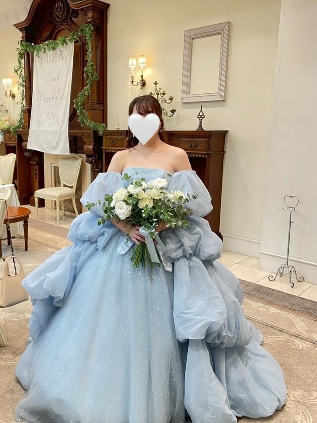 実例写真！カラードレス ブルー ベアトップ 取り外し袖 ラッフルフリル キラキラチュール 前撮り