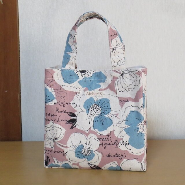 ミニスクエアトートバッグ☆花柄（ピンク×ブルー） | iichi 日々