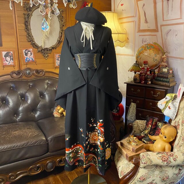 和洋折衷 黒留袖 着物 リメイク ワンピース ドレス 洗える 化繊 花唐草