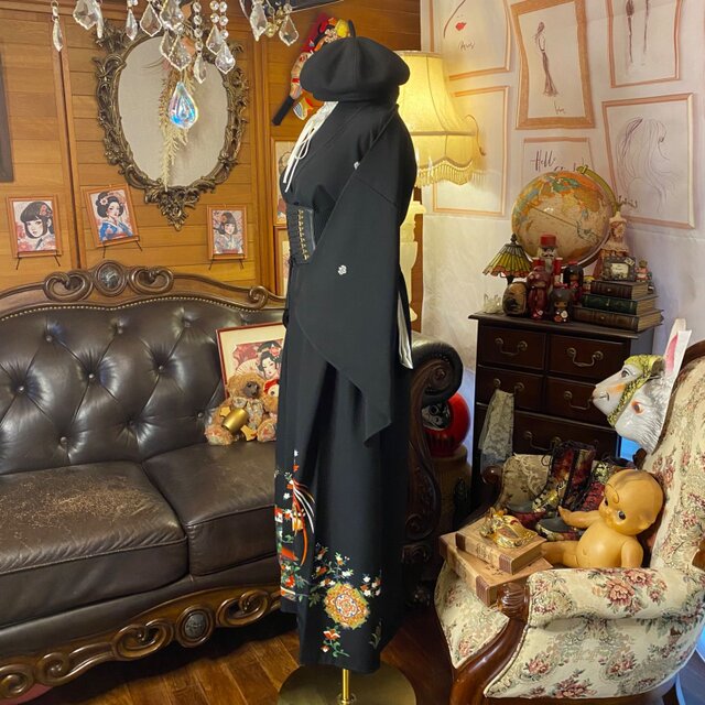 和洋折衷 黒留袖 着物 リメイク ワンピース ドレス 洗える 化繊 花唐草