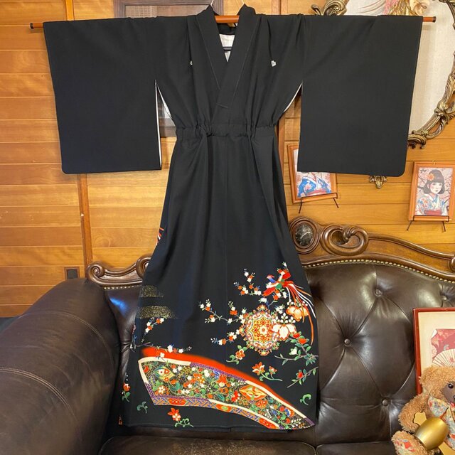 和洋折衷 黒留袖 着物 リメイク ワンピース ドレス 洗える 化繊 花唐草