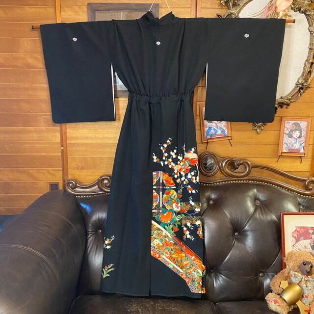 和洋折衷 黒留袖 着物 リメイク ワンピース ドレス 洗える 化繊 花唐草