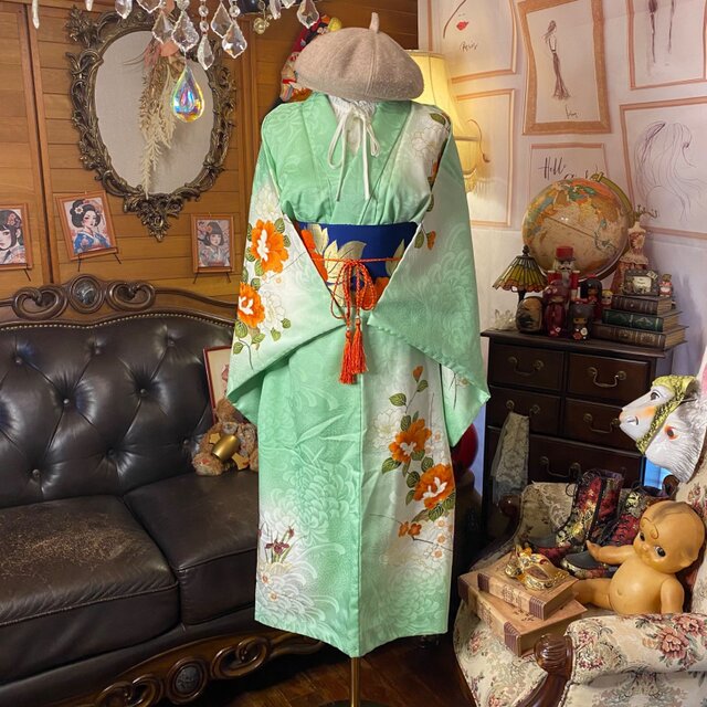 付け下げ 着物リメイク セミロング ワンピース｜洗える化繊素材