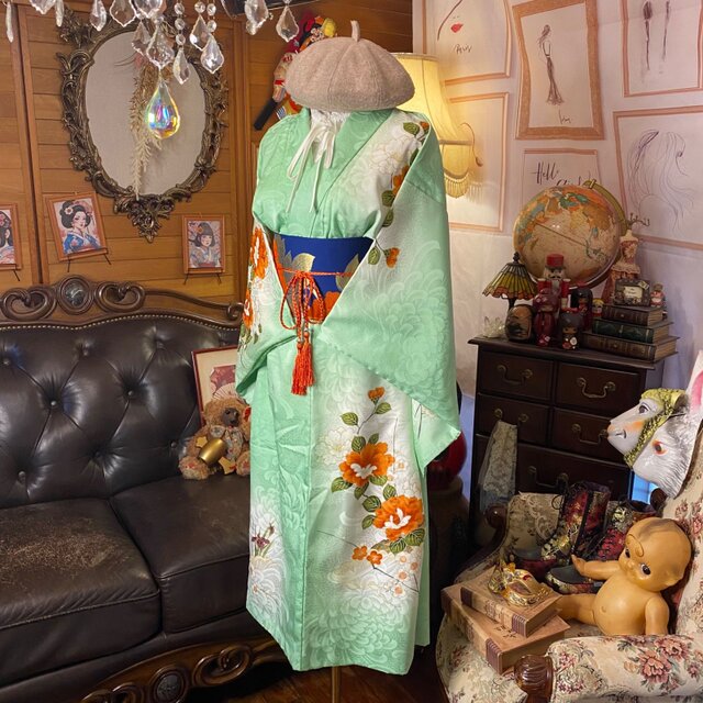 付け下げ 着物リメイク セミロング ワンピース｜洗える化繊素材