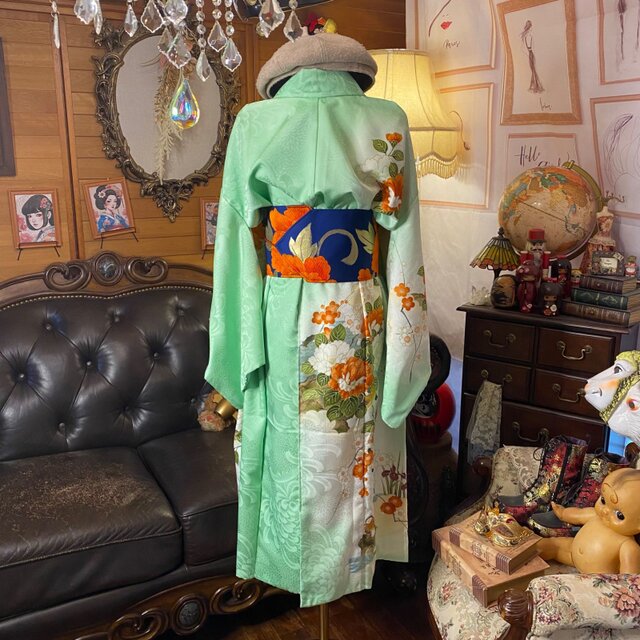 付け下げ 着物リメイク セミロング ワンピース｜洗える化繊素材