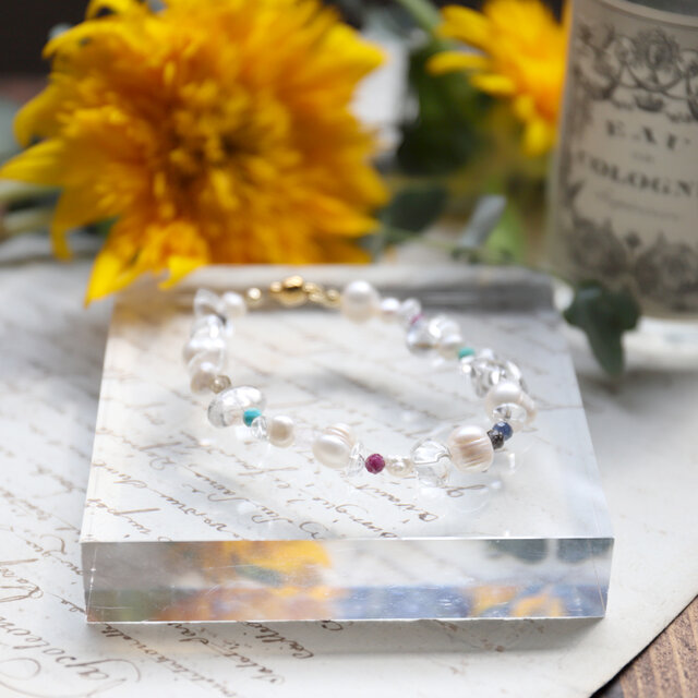 マグネットで１秒装着！サージカルステンレス製 ミックスパールと天然石のブレスレット #1287