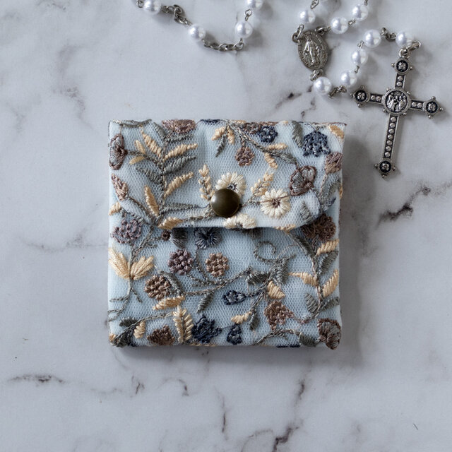 ロザリオケース【インド刺繍リボン/スカイブルー】ジュエリーポーチ