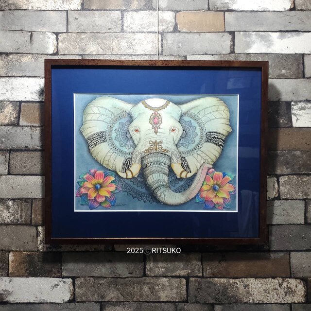原画 1点もの ボールペン画 日本人作家 額入り 象の絵 絵画 絵 アート インテリア 象 ラピスラズリ プレゼント