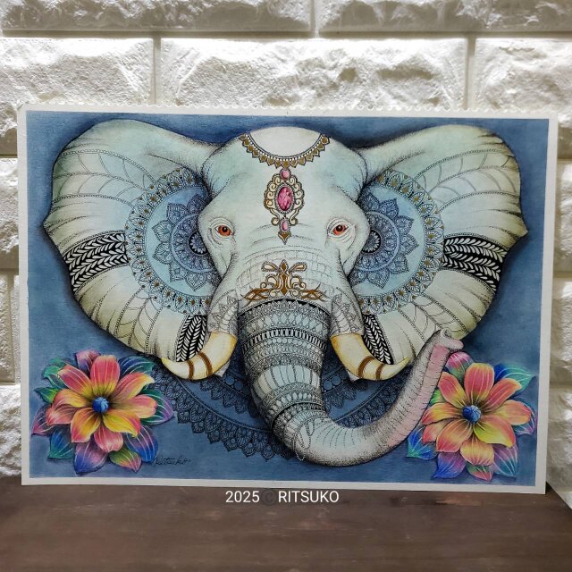 原画 1点もの ボールペン画 日本人作家 額入り 象の絵 絵画 絵 アート