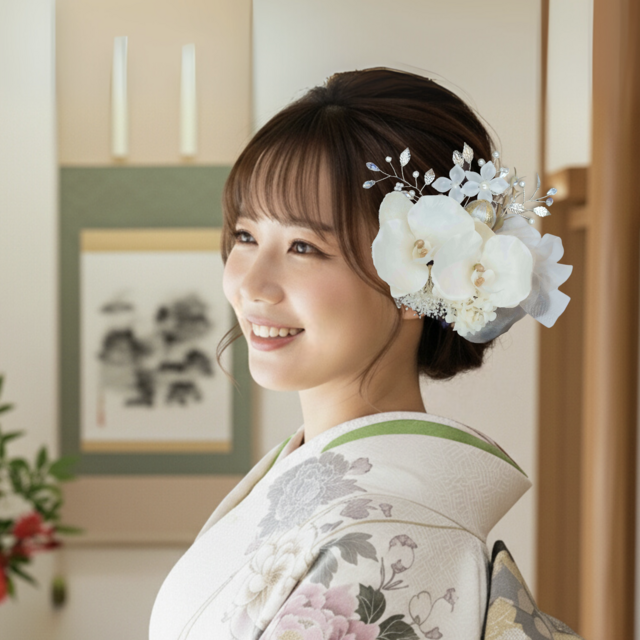 成人式 髪飾り 胡蝶蘭×クリスタルブランチ｜卒業式 袴 和装ヘア No.CO17 振袖 着物 和装 花嫁 結婚式ヘアアクセサリー