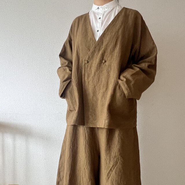 【定価20900円】かぐれ キルトショートジャケット、カーキブラウン　綿麻 定価20900円】かぐれ キルトショートジャケット、カーキブラウン