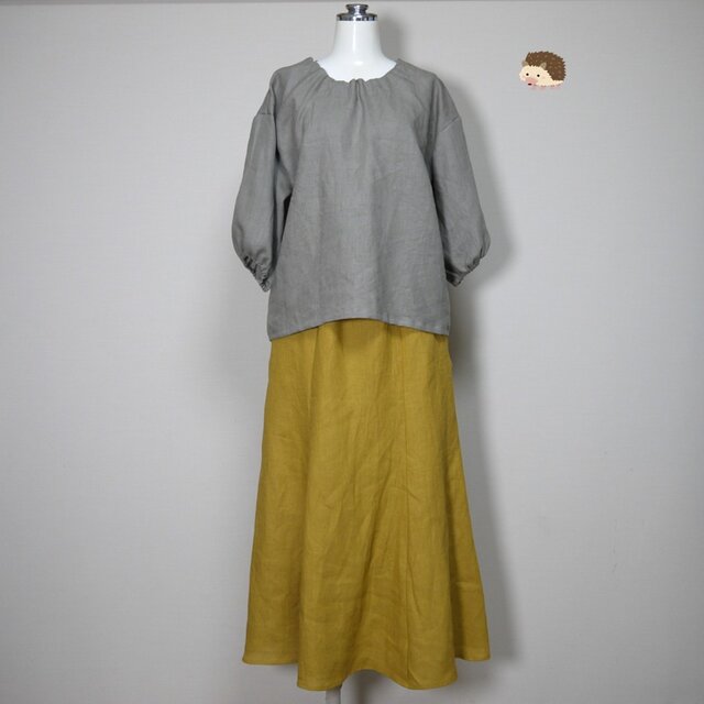 カラーリネン◇スモックブラウス◇オールドカーキ◇フリーサイズ