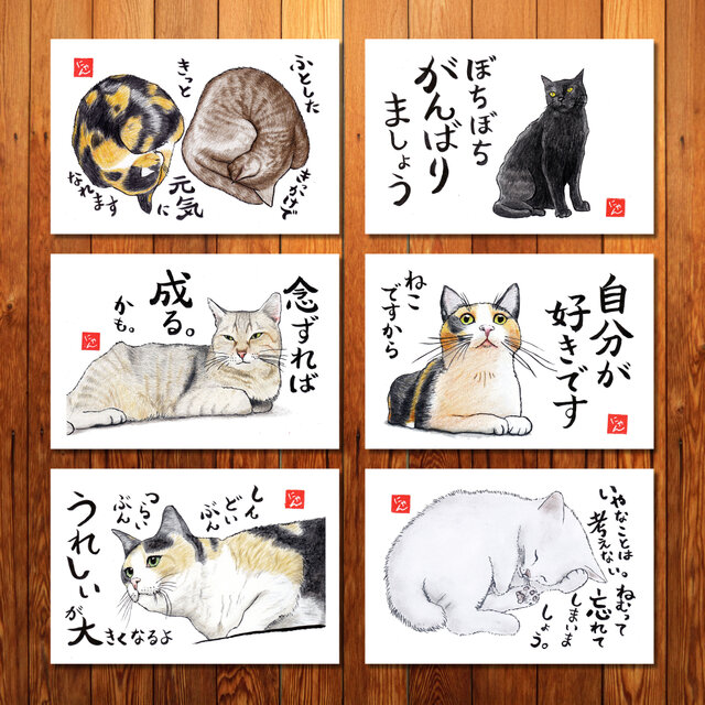 選べる「ねことば」ポストカード3枚セットC / 猫×筆文字アートで心なごむひととき