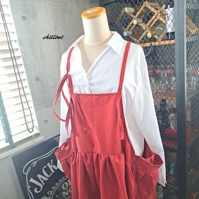 背中がかわいい】マキシ：エプロンドレス：コットン：レッド【0979