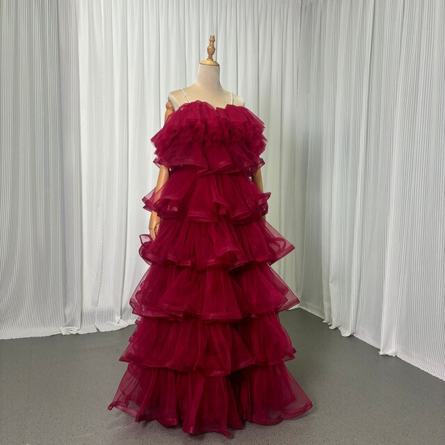 カラードレス ボルドー色 ビーズキャミソール ティアードのドレス