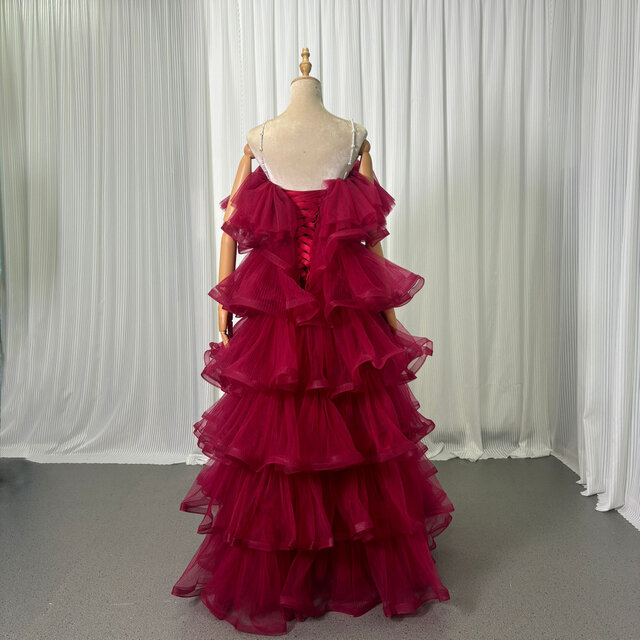 カラードレス ボルドー色 ビーズキャミソール ティアードのドレス