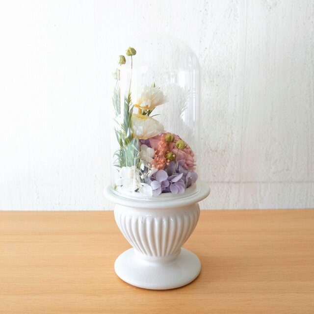 ガラスドーム仏花と煙少ない線香セット ｜プリザーブドフラワー／無香