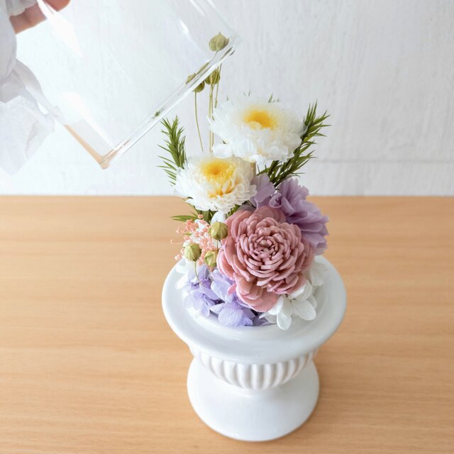 ガラスドーム仏花と煙少ない線香セット ｜プリザーブドフラワー／無香