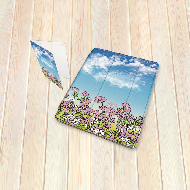 手帳型 iPadケース 【バックカバー：ハードタイプ】片面印刷/カメラ穴有【手書き風コスモス】
