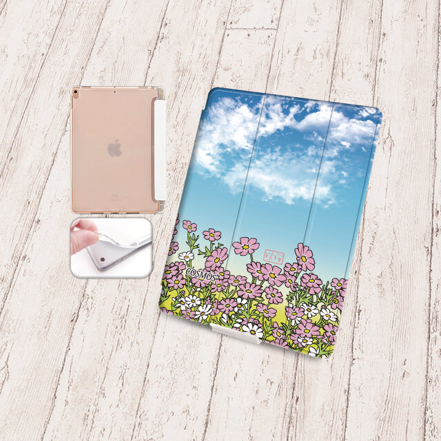 手帳型iPadケース【バックカバー：ソフトタイプ】片面印刷/カメラ穴有【手書き風コスモス】