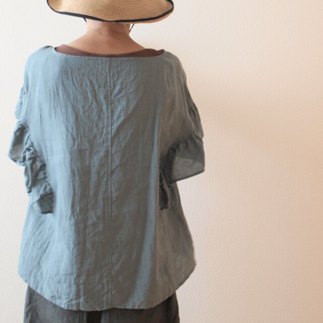 LINEN フリルスリーブブラウス *サックス* size FREE | iichi 日々の 