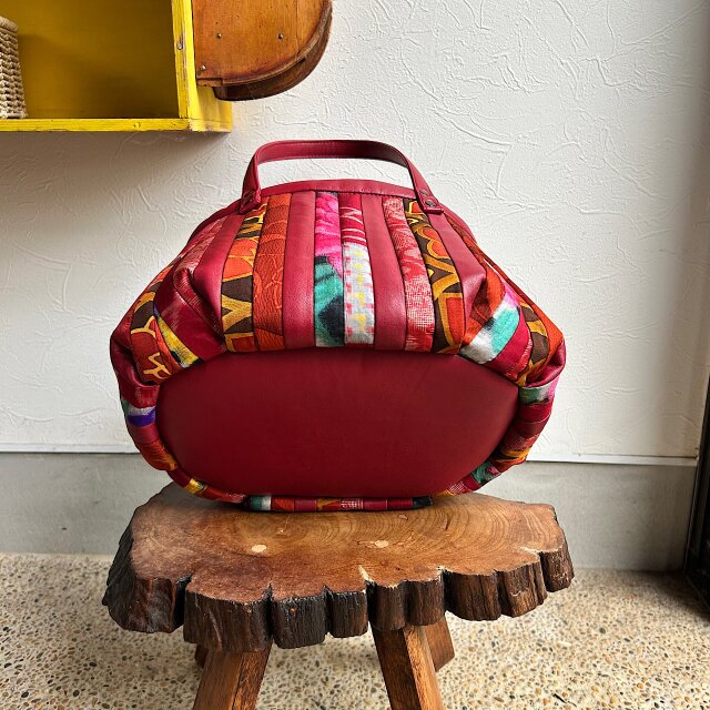 革と古布のパッチワークバッグ（ワインレッドの革＋着物生地）01016