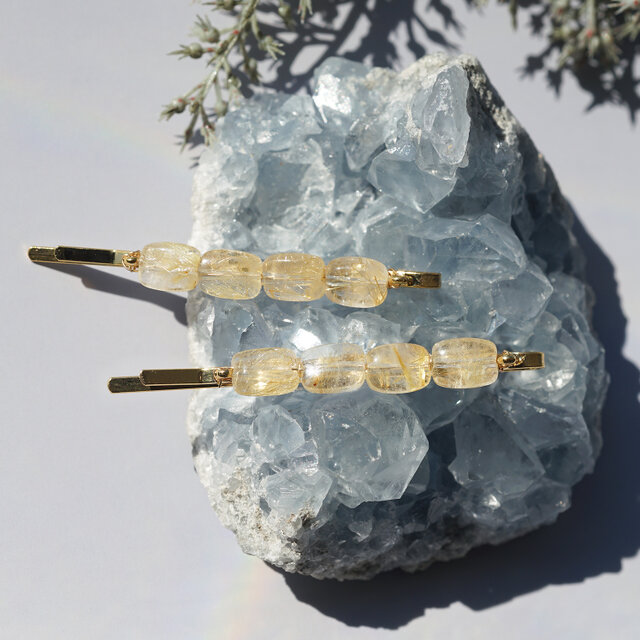 ルチルクォーツの連なるジュエルヘアピン　～金の麦畑