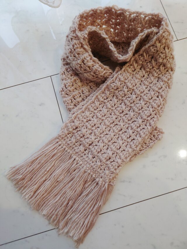 マフラー 柄編み 模様編み ベージュ フリンジ 編み 手編み 編み物