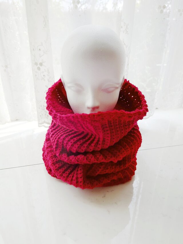 くしゅくしゅ ネックウォーマー 赤 レッド 手編み 編み物 編み | iichi