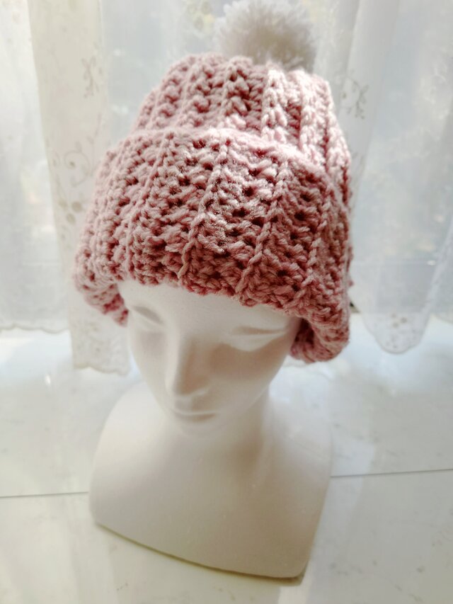 ニット帽 ピンク ポンポン 大人用 手編み 編み物 編み