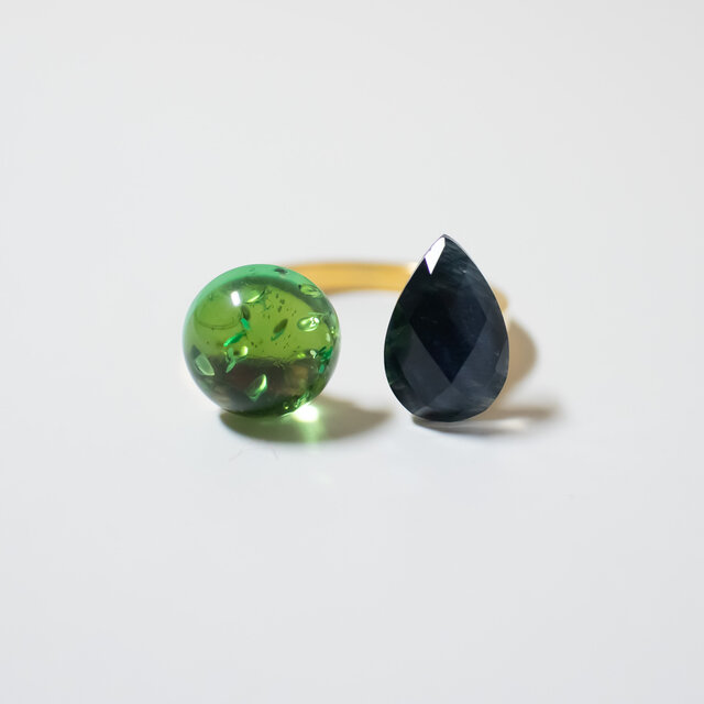 ブルータイガーアイ クリスタル×グリーンアンバー 天然石のフォークリング【フリーサイズ】