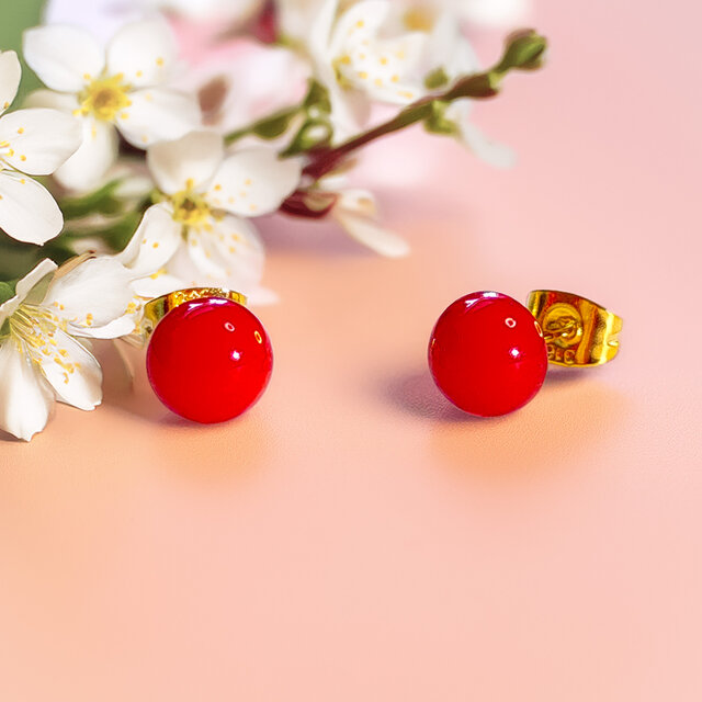 Sea 珊瑚のシンプル一粒スタッドピアス／イヤリング（シルバー色ピアスやイヤリング、14KGF等に変更OK）