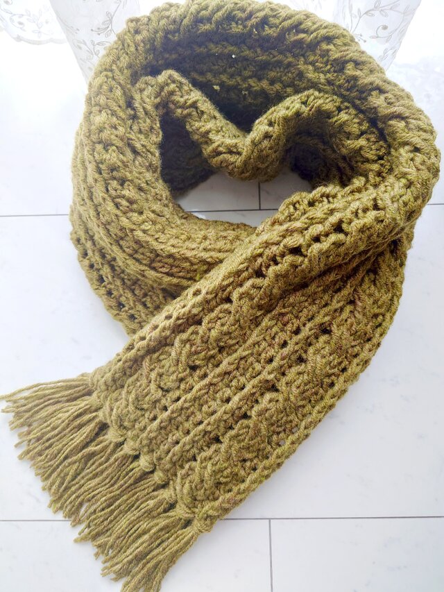 マフラー アラン模様 ボリューム フリンジ オリーブ 男女兼用 ユニセックス 手編み 編み物 編み