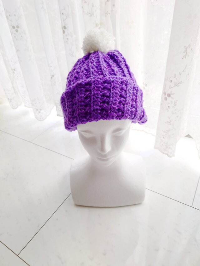miu miu 手編みニット帽 紫・グレー ポンポン付き miu miu 手編み