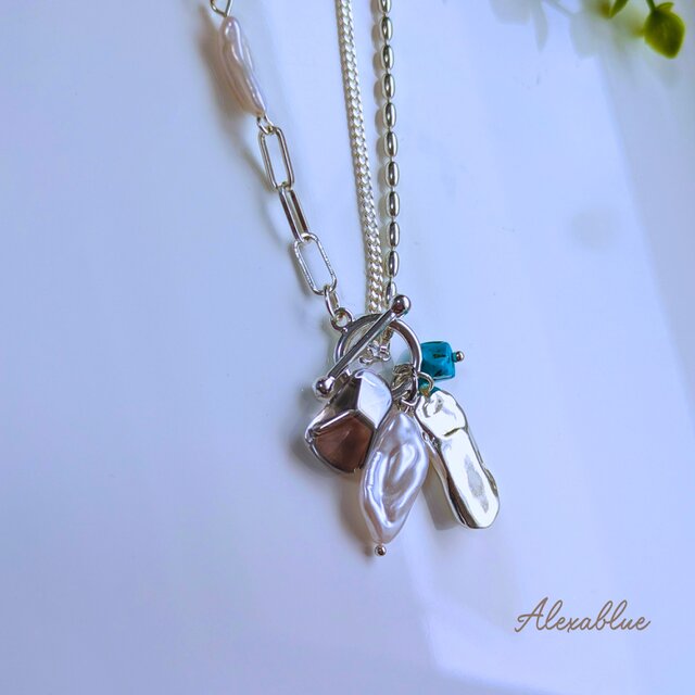 Aurora Blue Harmony｜ターコイズ × バロックパールビーズ アシンメトリーネックレス