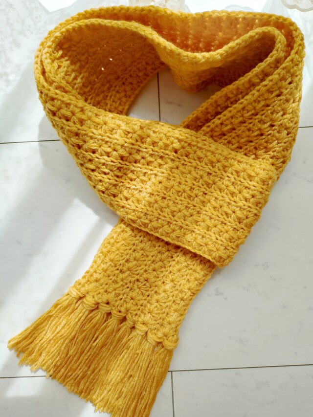 マフラー スタークロッシェ マスタード からし色 星 花 柄 模様 フリンジ 手編み 編み物 編み