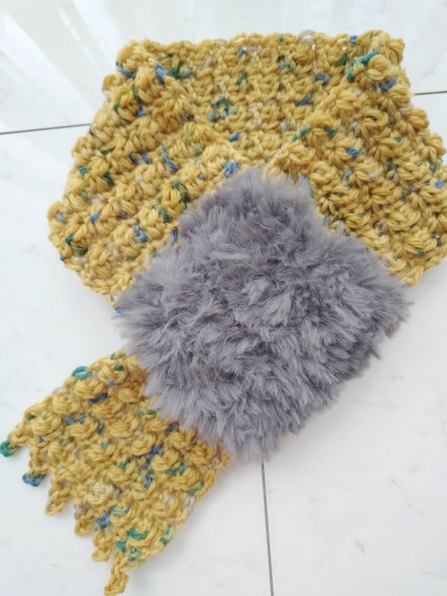 マフラー ファー マスタードMIX グレーファー 模様 柄 手編み 編み物 編み