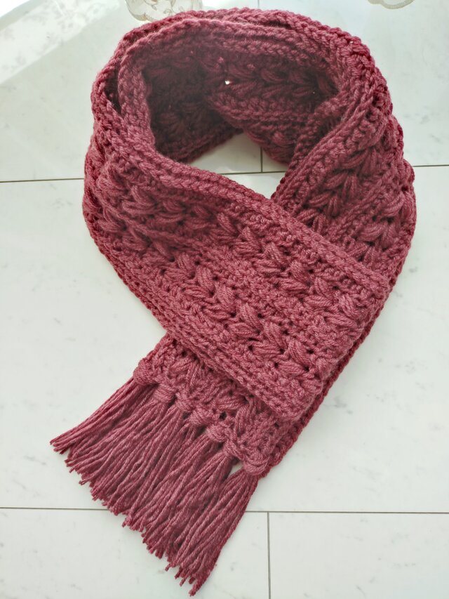 マフラー ハート柄 アラン模様 柄 ボルドー 赤 フリンジ 手編み 編み物 編み