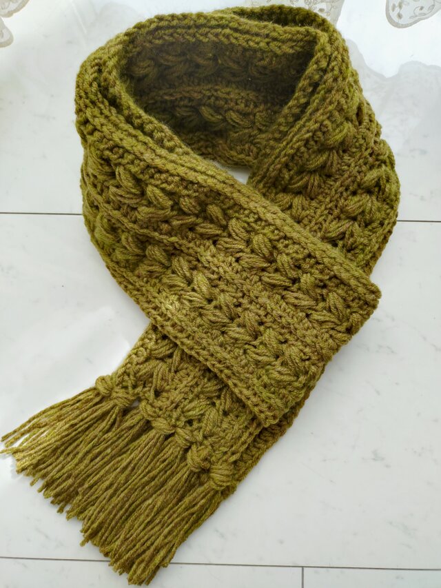 マフラー ハート柄 アラン模様 オリーブ 手編み 編み物 編み