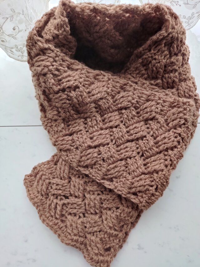 マフラー クロス ブロックチェック 茶色 ブラウン キャメル 男女兼用 ユニセックス 手編み 編み物 編み