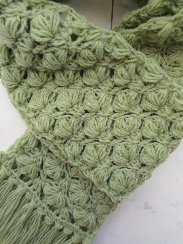 ハンドメイド アラン模様マフラー若草色 グリーン手編み ハンドメイド