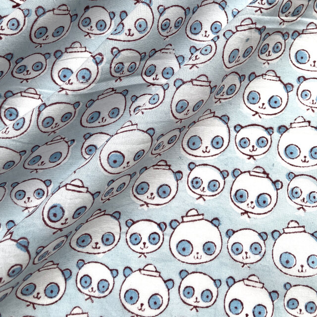 インド ブロックプリント生地 [50cm単位切り売り] サンガネリ パンダ ブルー 動物 アニマル MT IF0347