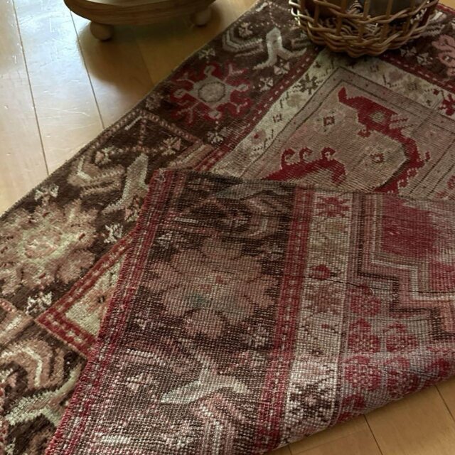 72×88 赤ブラウンの雰囲気ある一枚 トルコヴィンテージラグ