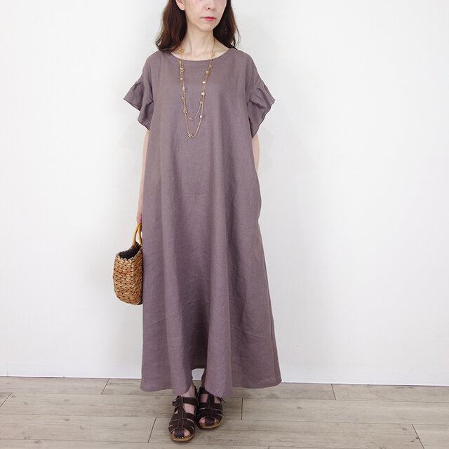 ヨーロッパリネンモカ・Aラインフリルマキシワンピース