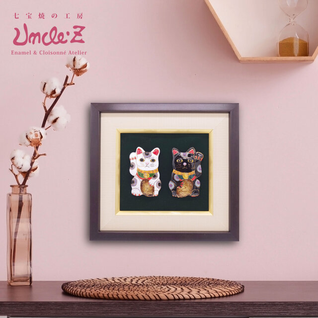 【飾って福を“二重”に招く】白黒招き猫の七宝焼アートフレーム（ペア）【受注制作】